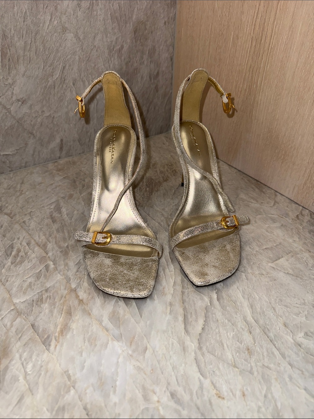 Donna Karan Metallic Gold Velvet Slingback Heels